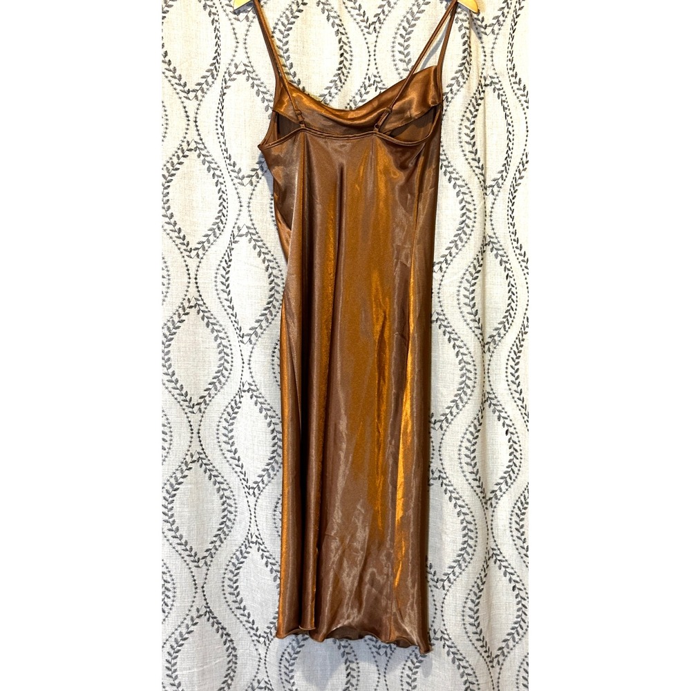 Bebe Bronze Satin Cowl Neck Midi Slip Dress Spaghetti Strap Lettuce Hem Small - Picture 2 of 6